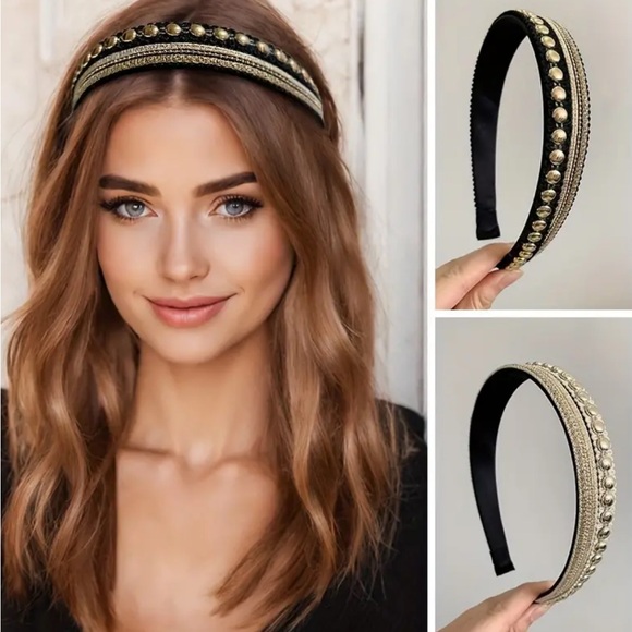 Gold Studded Beige Headband - Picture 2 of 3